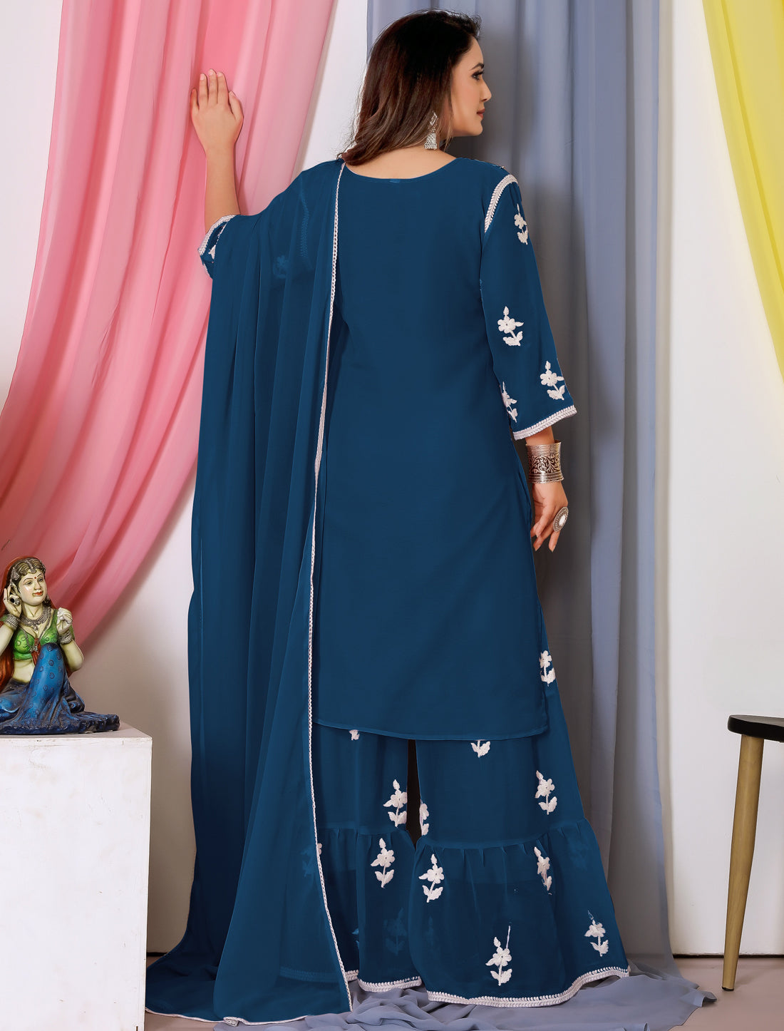 Teal Blue Ethnic Bamberg Georgette With Cotton Embroidery Kurta Sets