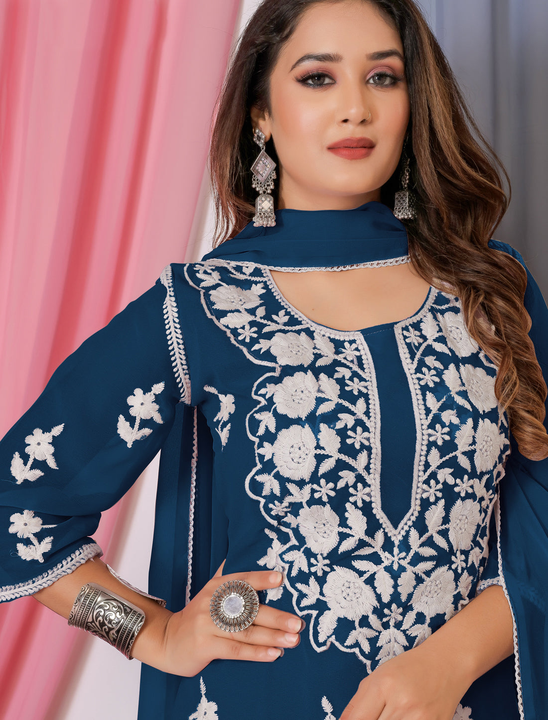 Teal Blue Ethnic Bamberg Georgette With Cotton Embroidery Kurta Sets