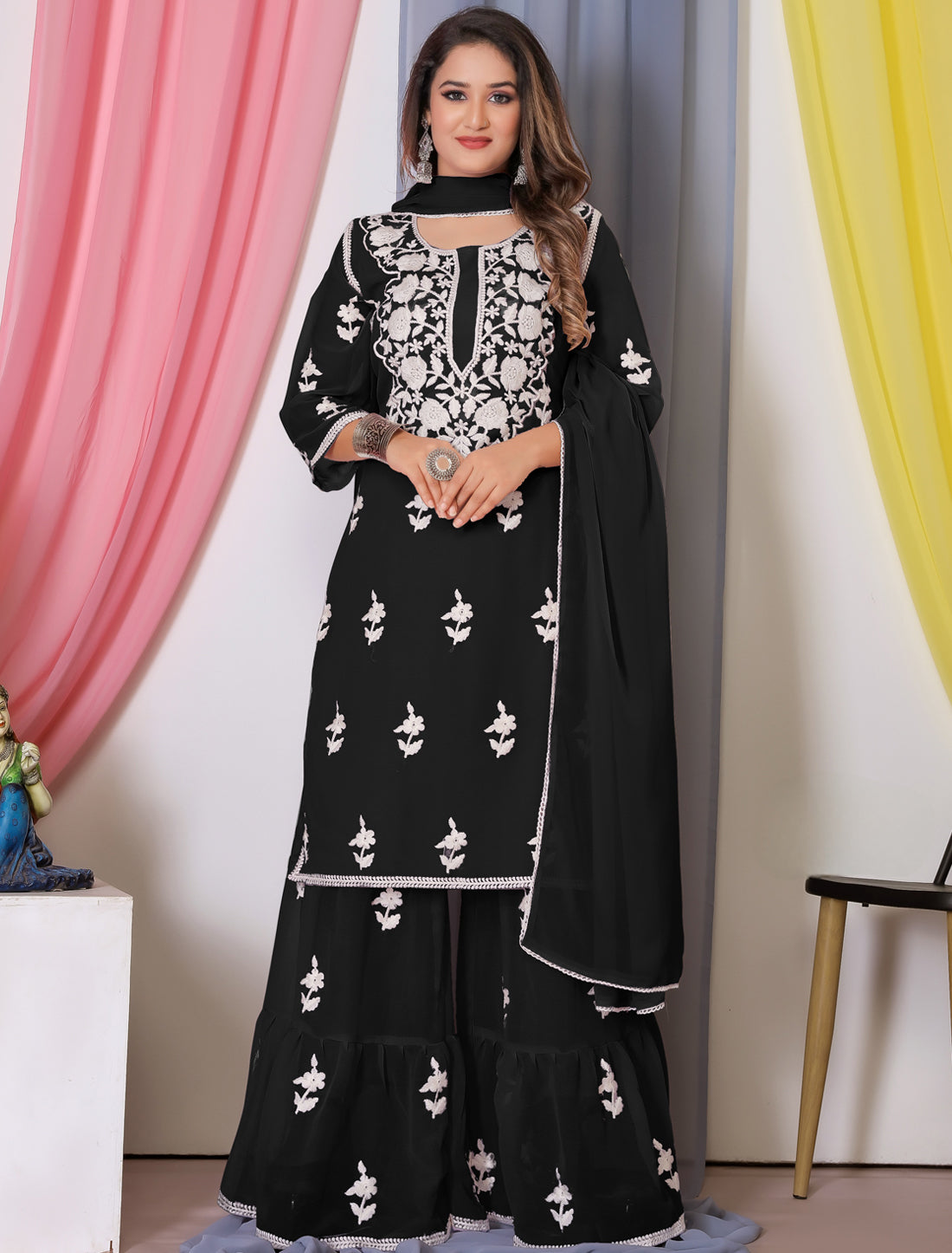 Ethnic Black Bamberg Georgette With Cotton Embroidery Kurta Sets