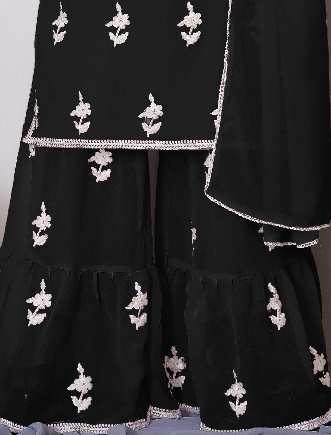 Ethnic Black Bamberg Georgette With Cotton Embroidery Kurta Sets