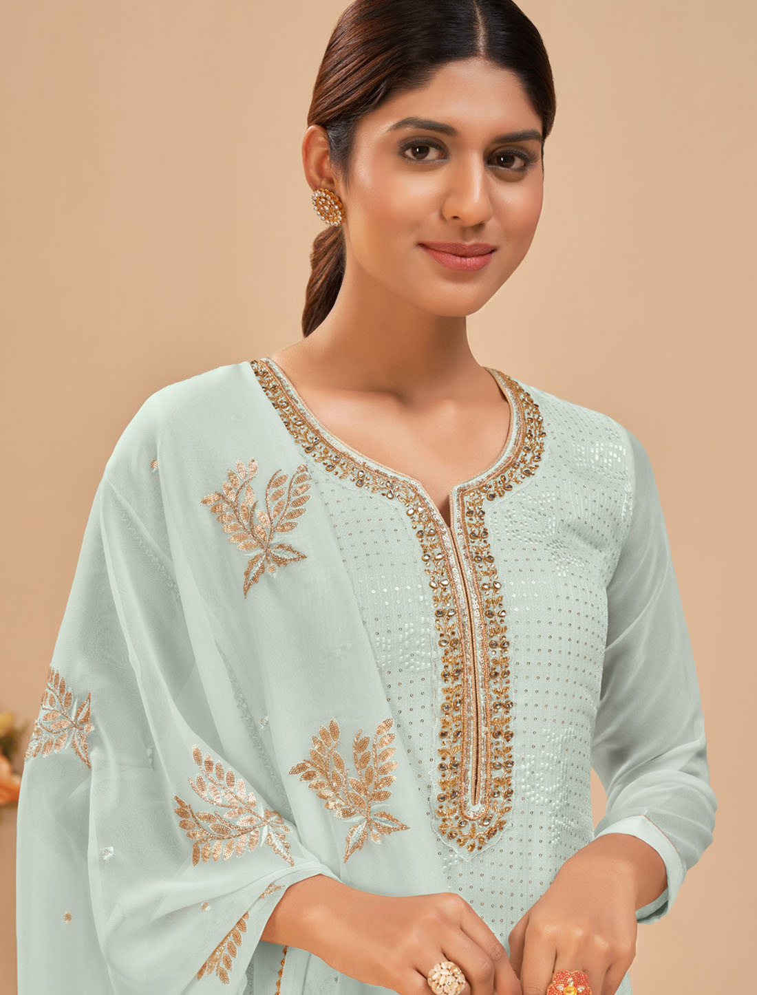 Georgette Blue Crafted With Thread And Sequins Designer Kurti Sets