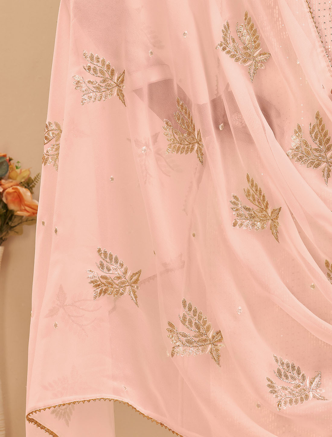 Peach Georgette Crafted With Thread And Sequins Designer Kurti Sets