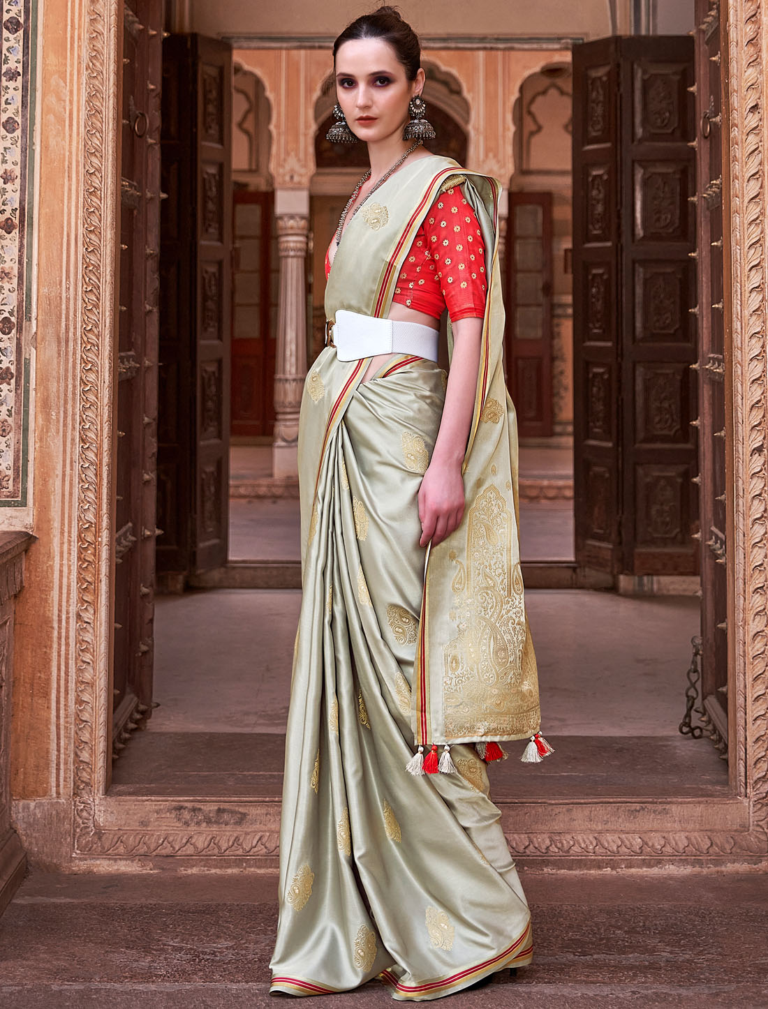 Golden Grace Pure Satin with Zari Weaving & Contrast Blouse Saree