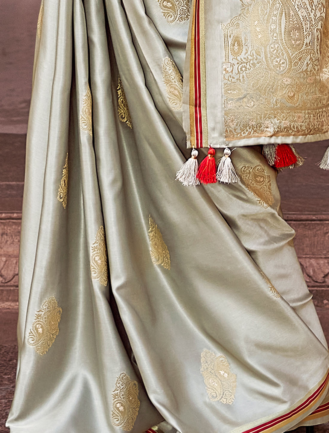 Golden Grace Pure Satin with Zari Weaving & Contrast Blouse Saree