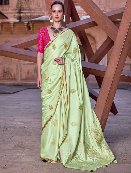Golden Aura Pure Satin With Zari Weaving & Contrast Women Saree Ensemble