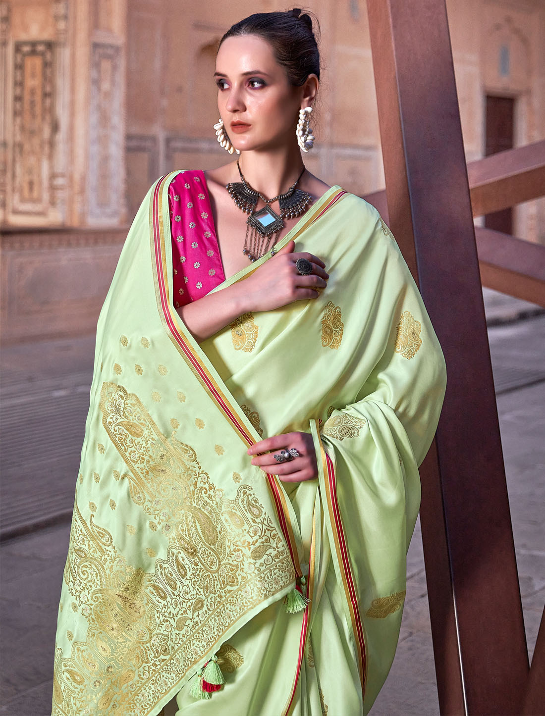 Golden Aura Pure Satin With Zari Weaving & Contrast Women Saree Ensemble