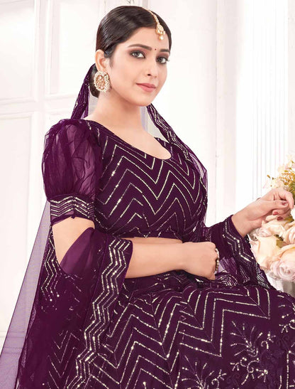 Violet Micro Inner With Net Embroidered Ethnic Lehenga Choli