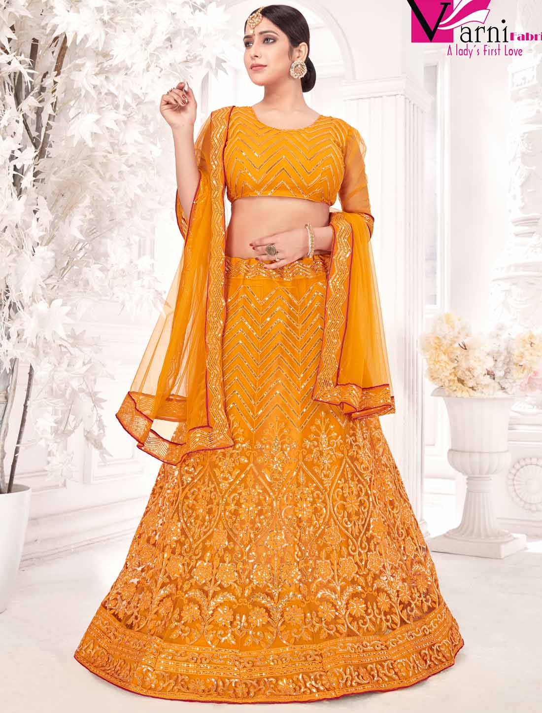 Mustard Yellow Net With Inner Embroidered Ethnic Lehenga Choli