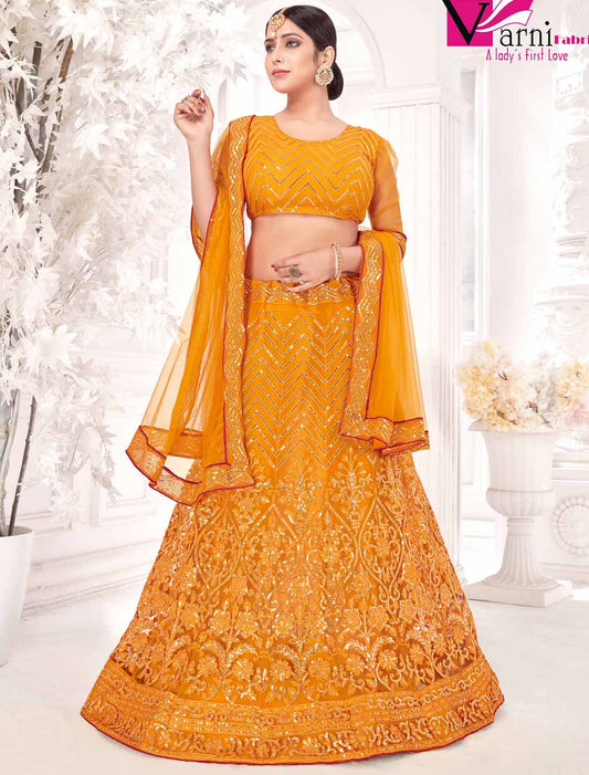 Mustard Yellow Net With Inner Embroidered Ethnic Lehenga Choli