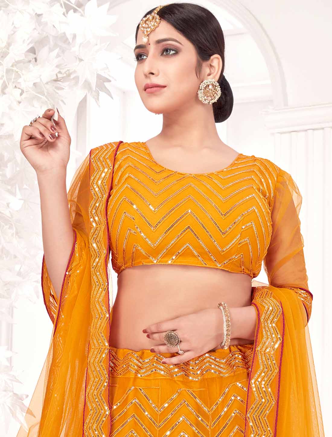 Mustard Yellow Net With Inner Embroidered Ethnic Lehenga Choli