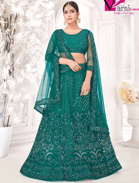 Ethnic Teal Blue Net With Micro Inner Embroidered Lehenga Choli