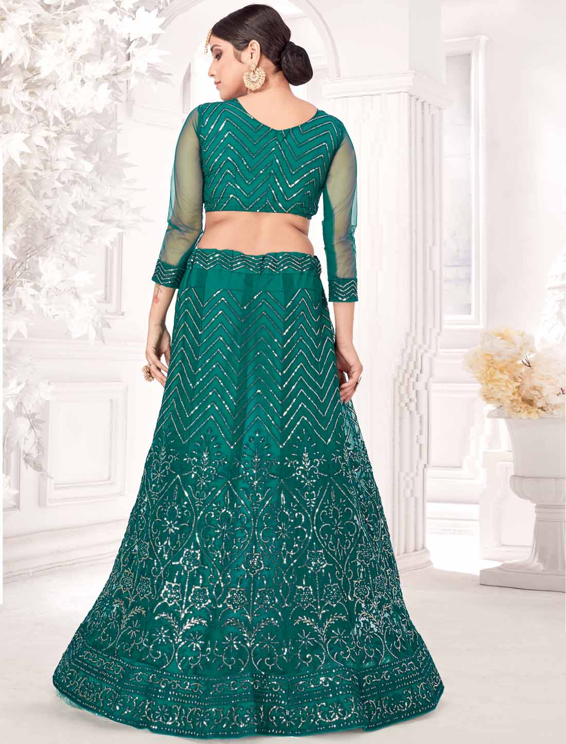 Ethnic Teal Blue Net With Micro Inner Embroidered Lehenga Choli