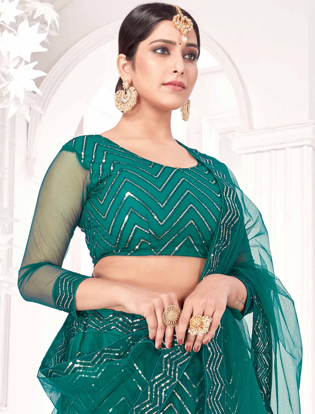 Ethnic Teal Blue Net With Micro Inner Embroidered Lehenga Choli