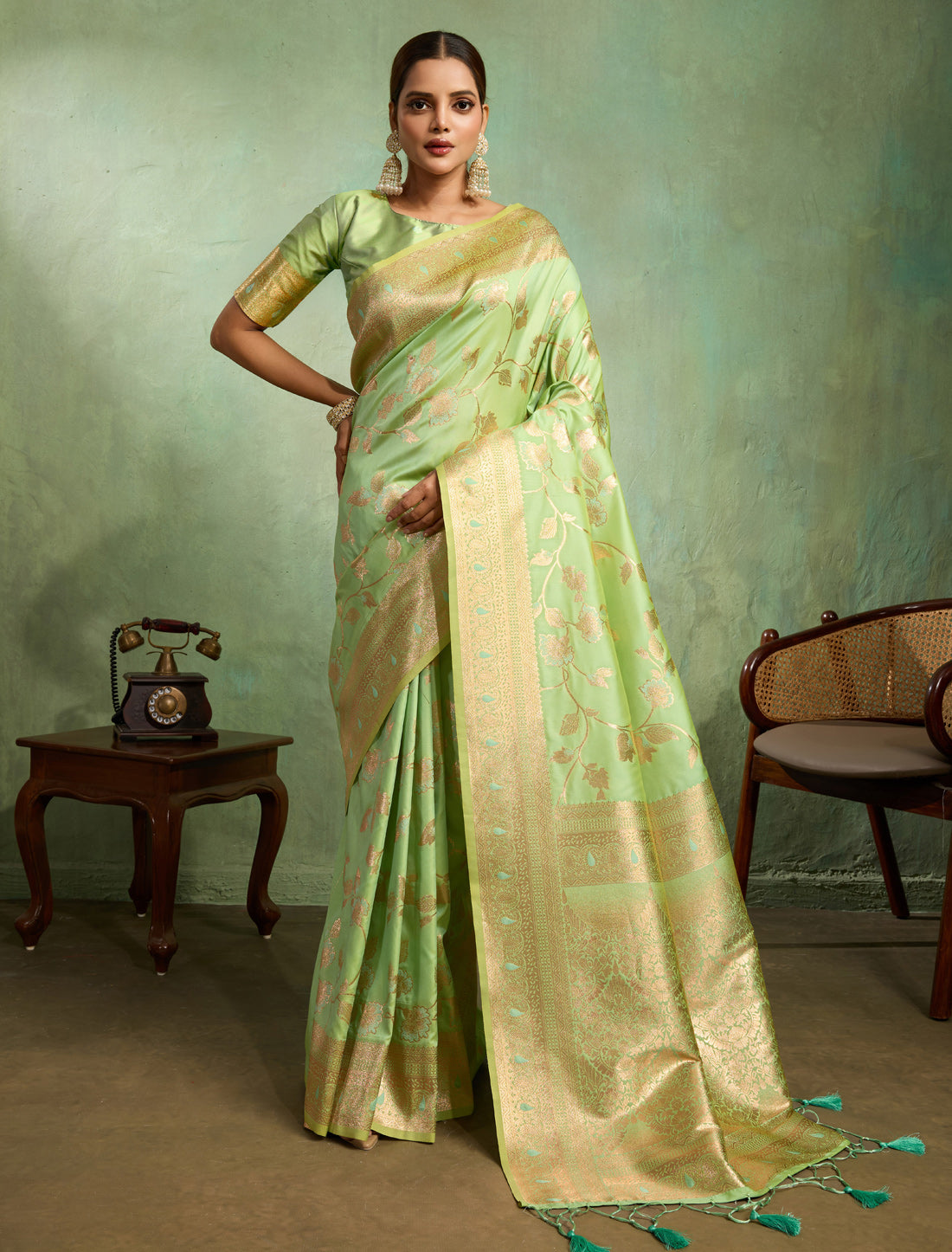 Pista Green Dual Tone Banarasi Silk Party Wear Meenakari Saree