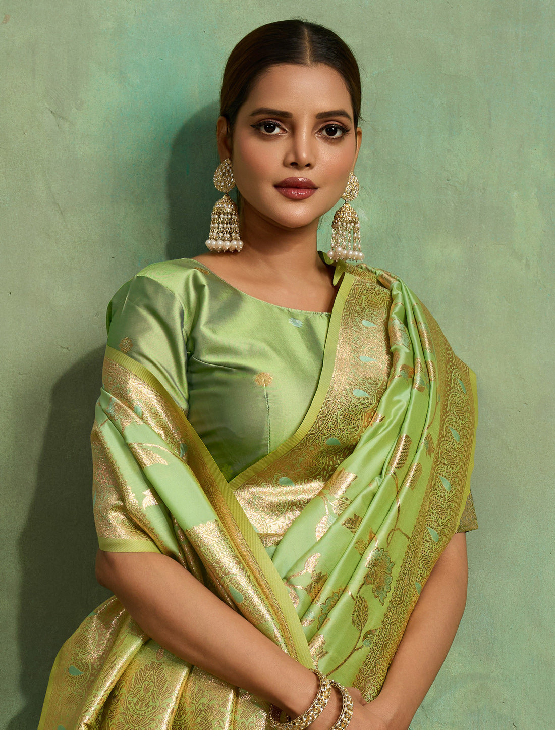 Pista Green Dual Tone Banarasi Silk Party Wear Meenakari Saree