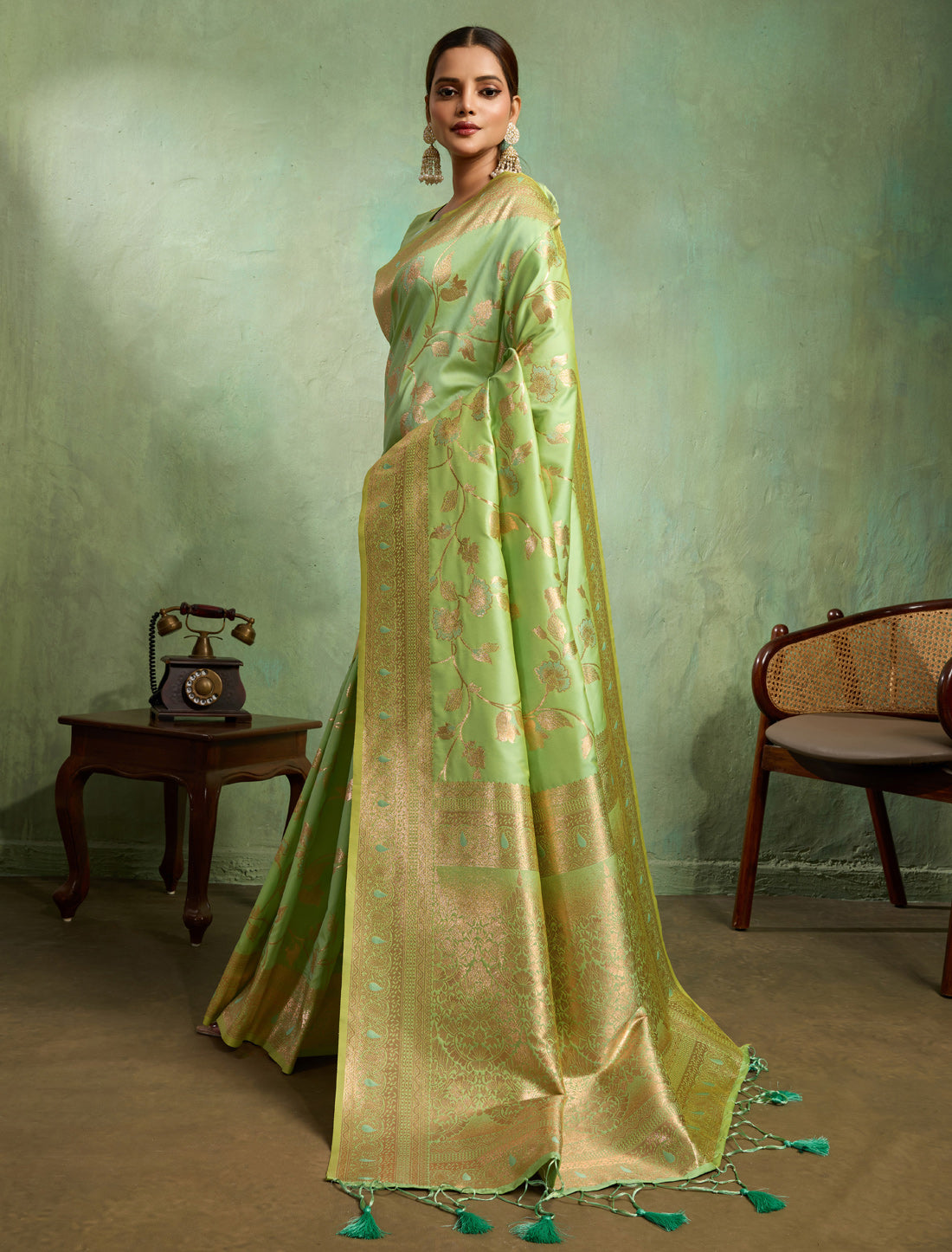 Pista Green Dual Tone Banarasi Silk Party Wear Meenakari Saree