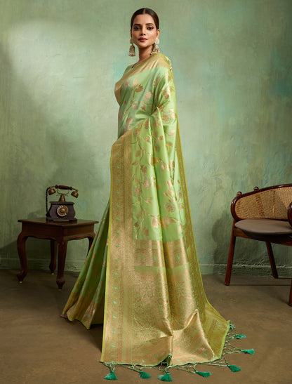 Pista Green Dual Tone Banarasi Silk Party Wear Meenakari Saree