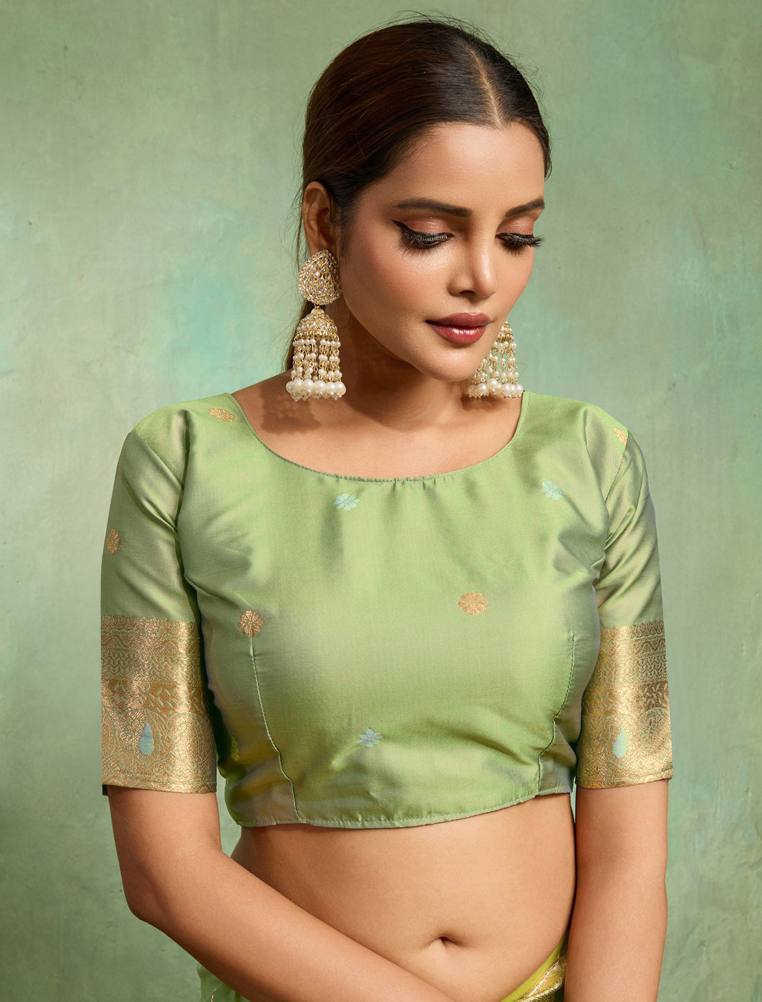 Pista Green Dual Tone Banarasi Silk Party Wear Meenakari Saree