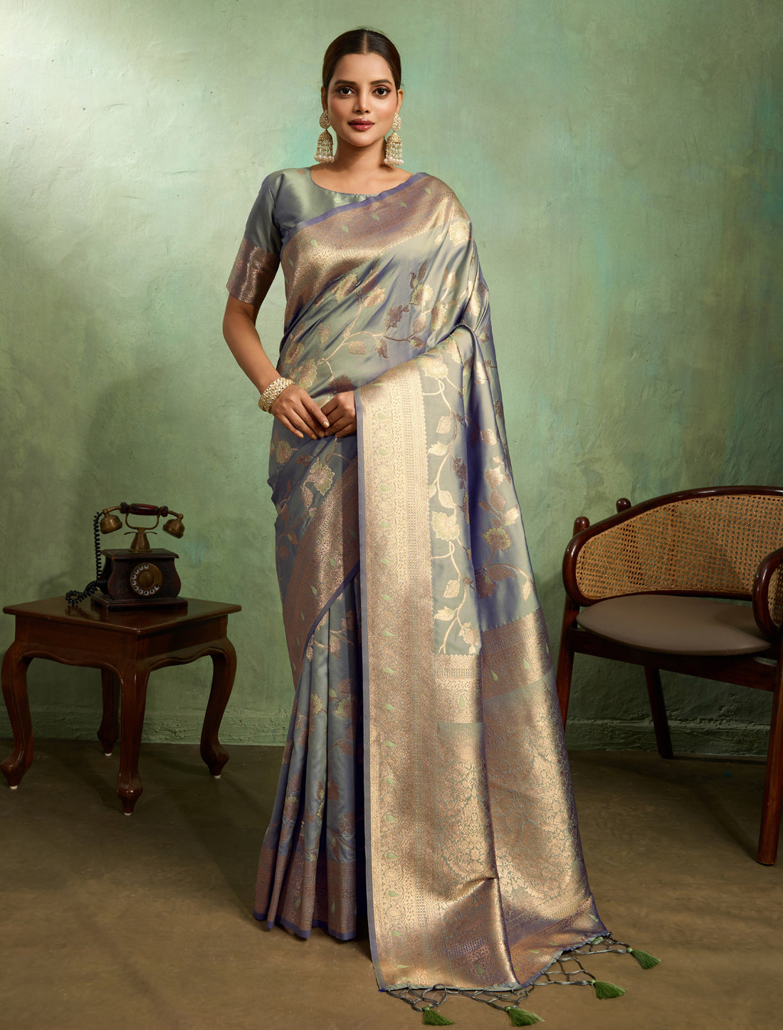 Grey Dual Tone Banarasi Silk Party Wear Saree With Embellishments