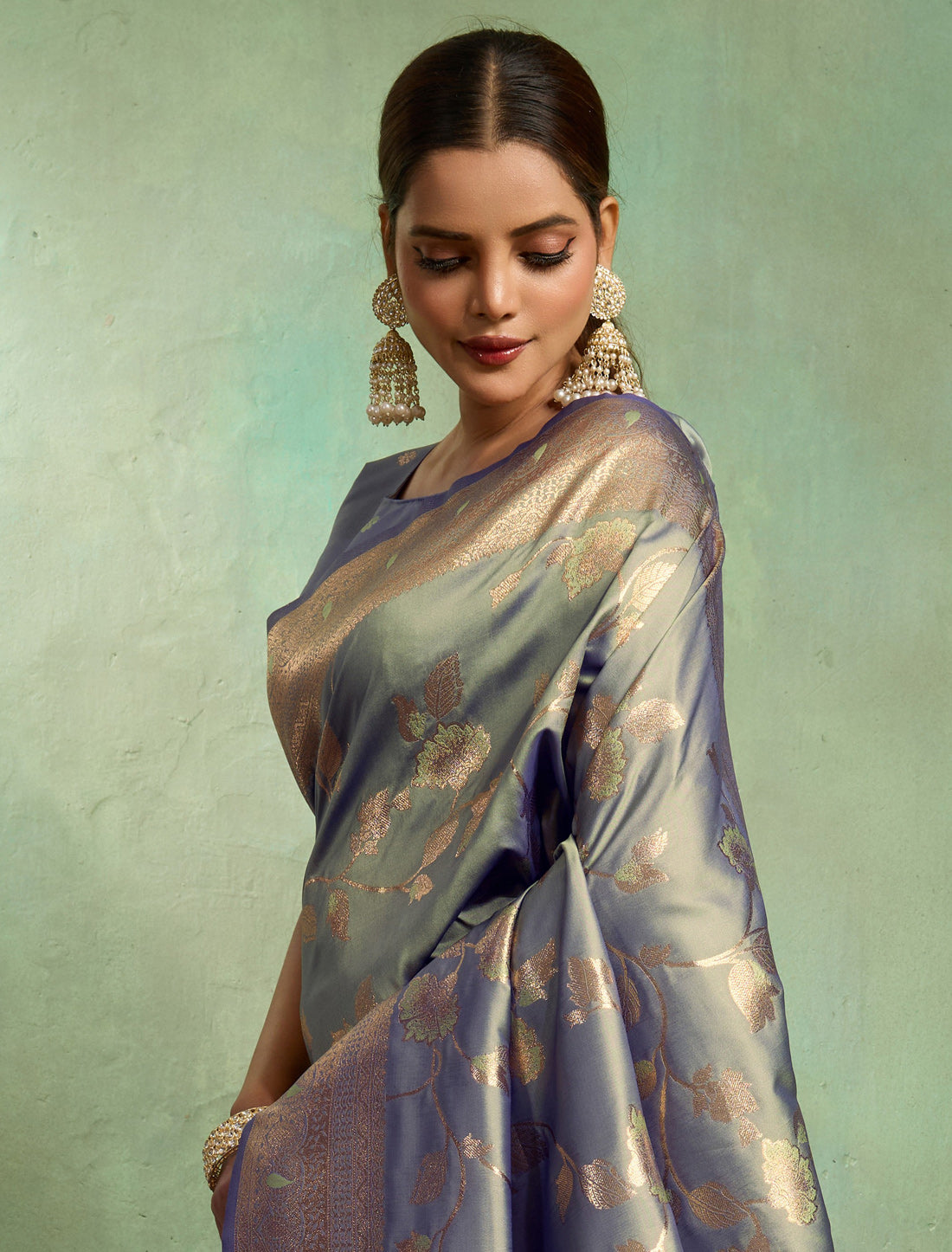 Grey Dual Tone Banarasi Silk Party Wear Saree With Embellishments