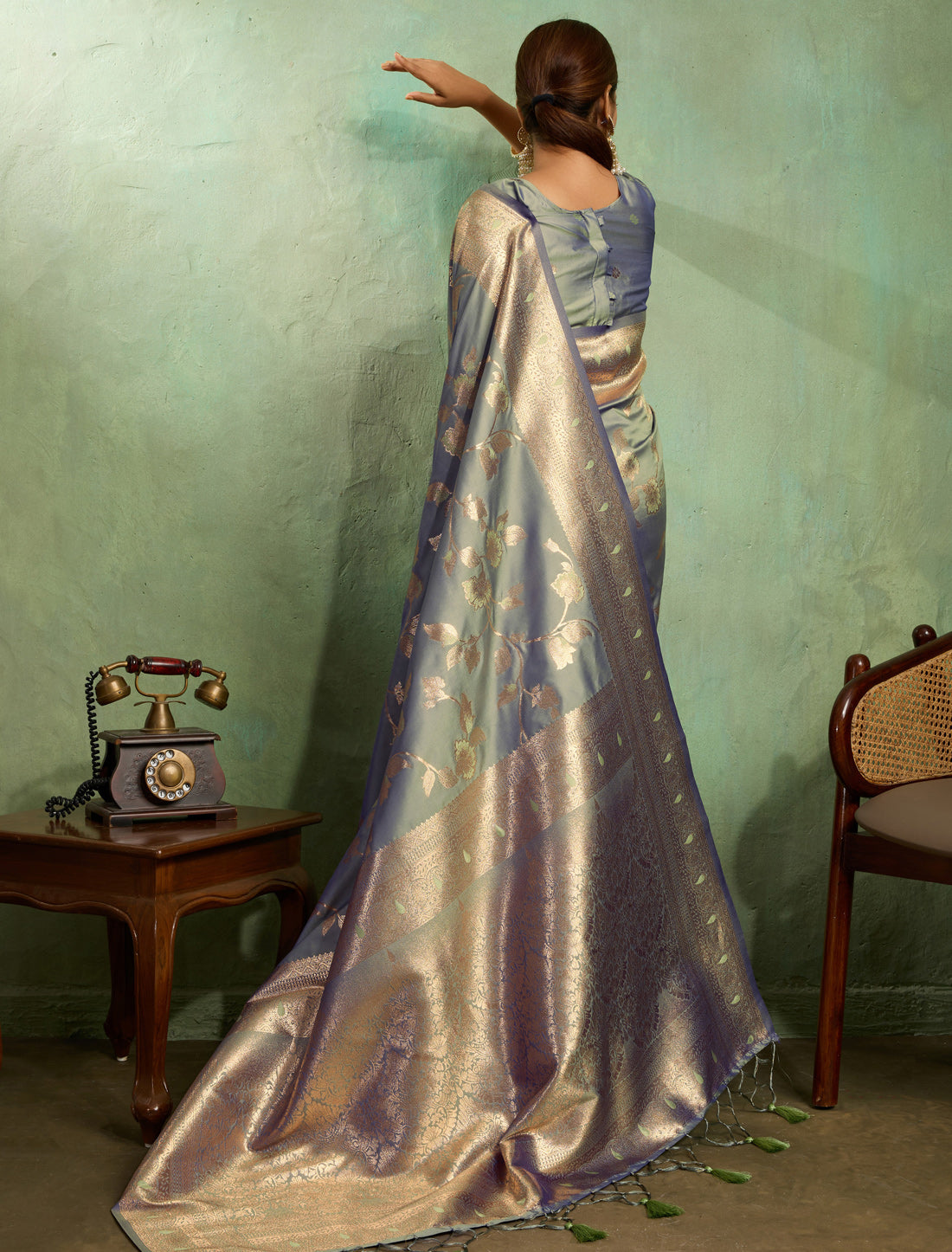 Grey Dual Tone Banarasi Silk Party Wear Saree With Embellishments