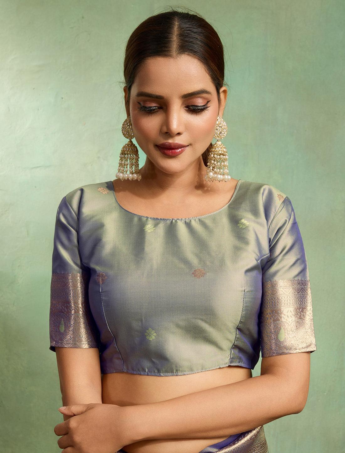 Grey Dual Tone Banarasi Silk Party Wear Saree With Embellishments