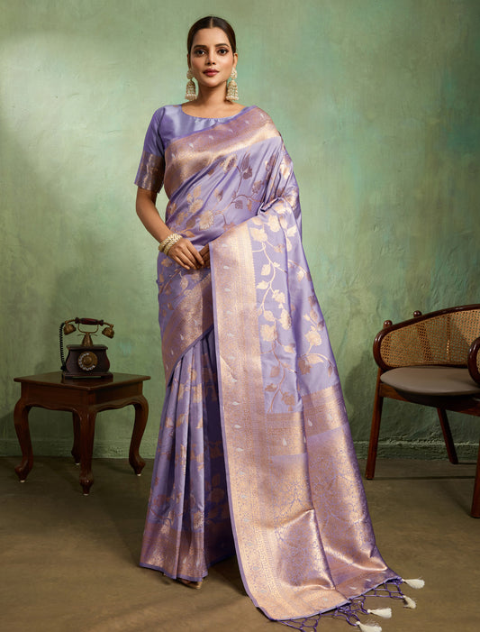 Lavender Party Wear Banarasi Silk Saree Zari Work Meenakari