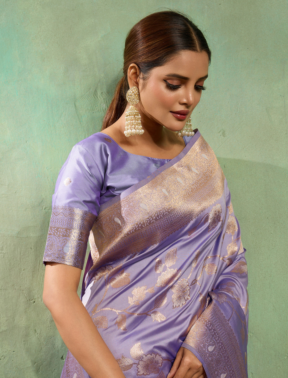 Lavender Party Wear Banarasi Silk Saree Zari Work Meenakari