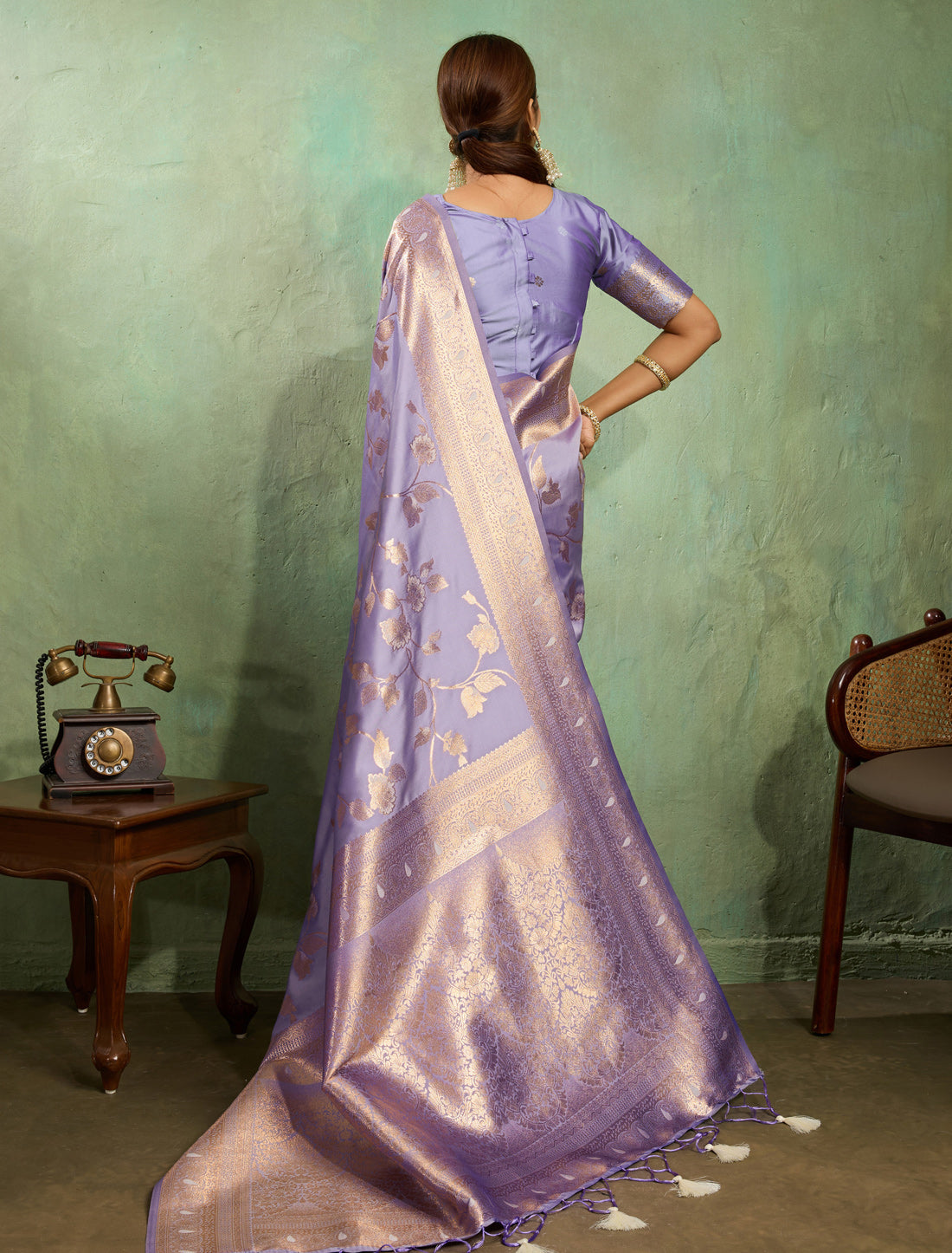 Lavender Party Wear Banarasi Silk Saree Zari Work Meenakari