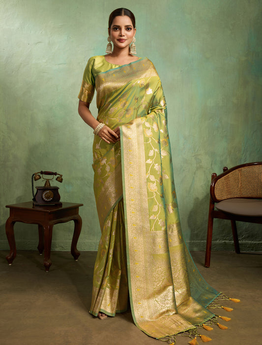 Green Banarasi Silk Saree Golden Zari Jaal Pattern Meenakari Work
