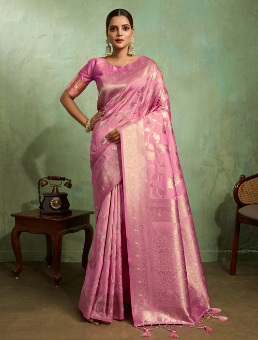 Exquisite Pink Banarasi Silk Jaal Patterns Zari Meenakari Saree