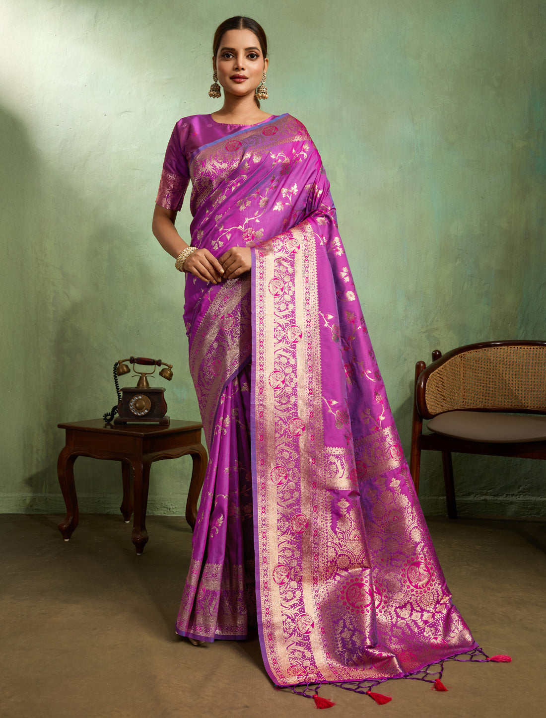 Purple Banarasi Dual Tone Party Wear Silk Meenakari Saree