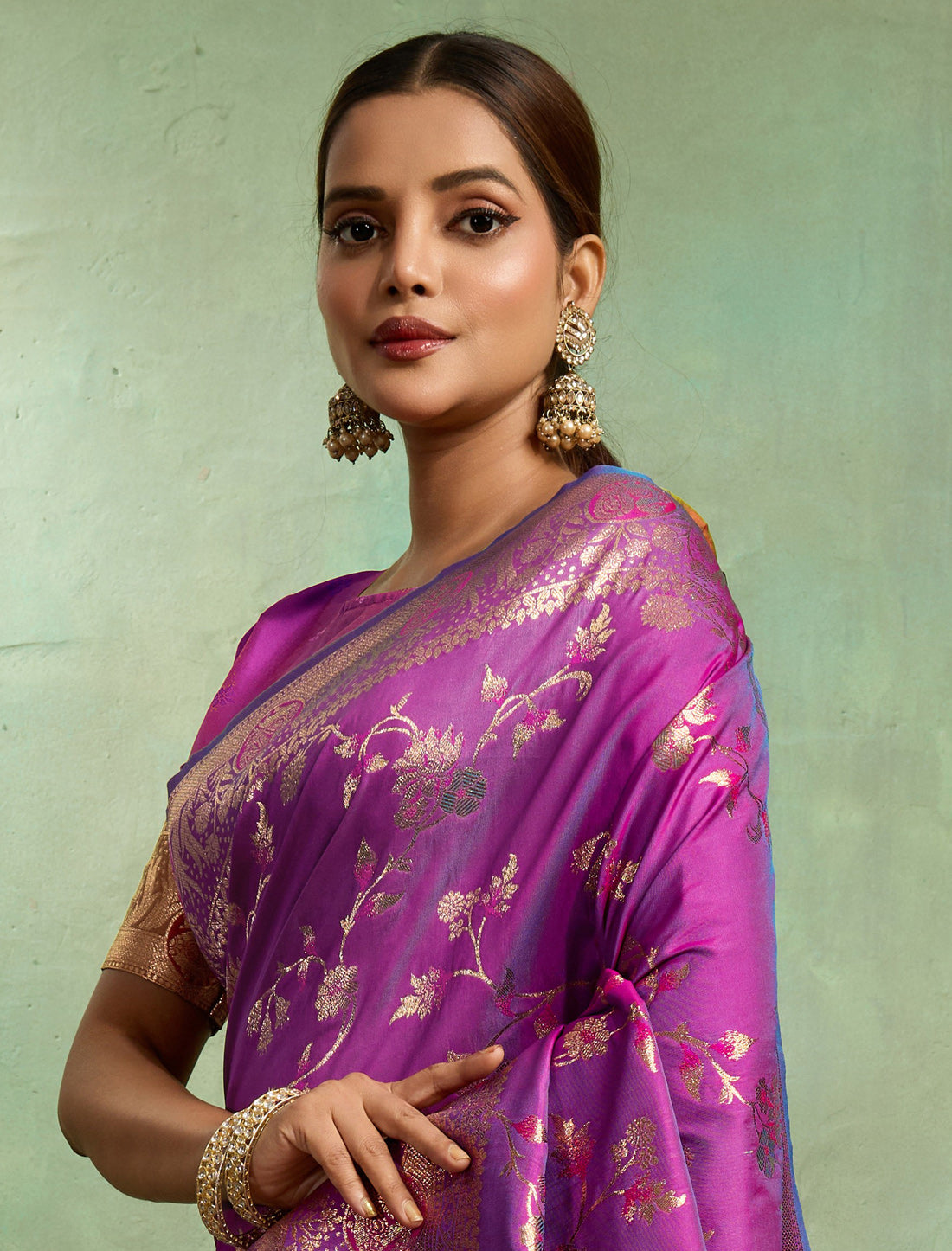 Purple Banarasi Dual Tone Party Wear Silk Meenakari Saree