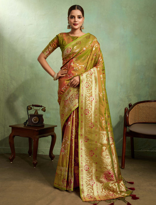 Dual Tone Green Banarasi Silk Golden Zari Party Wear Saree
