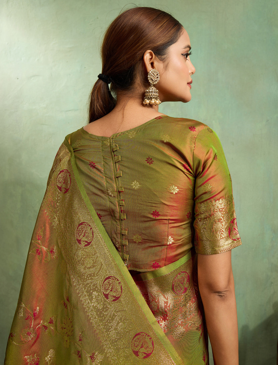Dual Tone Green Banarasi Silk Golden Zari Party Wear Saree