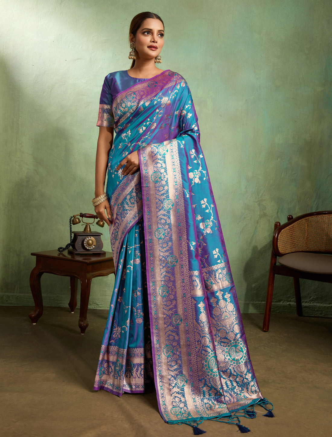 Dual Tone Ocean Blue Party Wear Banarasi Silk Saree Golden Zari