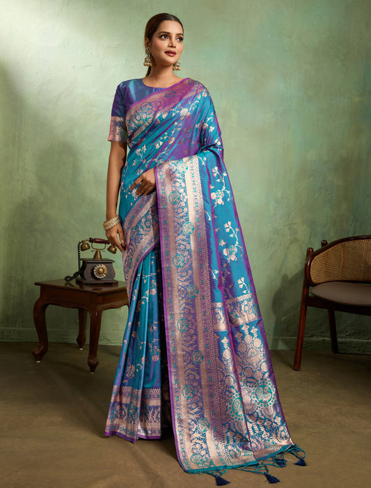 Dual Tone Ocean Blue Party Wear Banarasi Silk Saree Golden Zari
