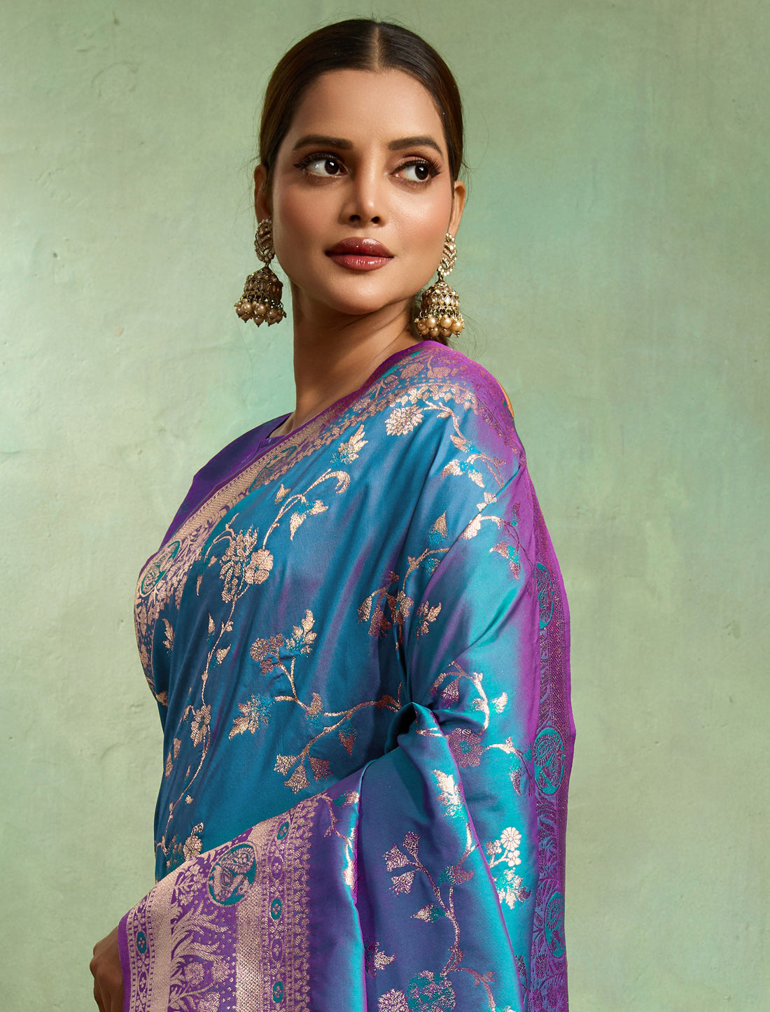 Dual Tone Ocean Blue Party Wear Banarasi Silk Saree Golden Zari