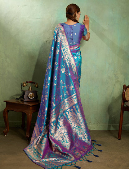 Dual Tone Ocean Blue Party Wear Banarasi Silk Saree Golden Zari