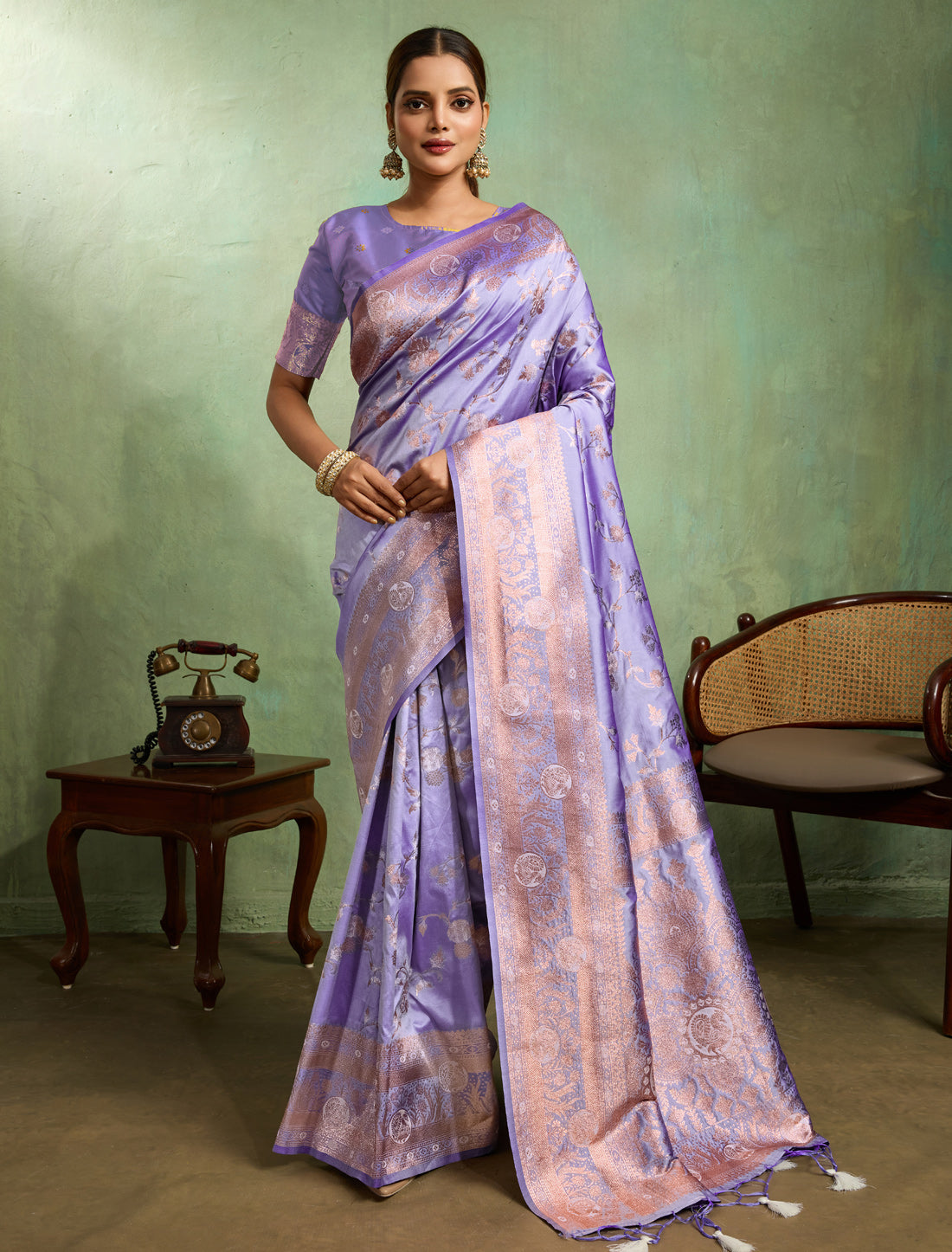 Ethnic Lavender Banarasi Party Wear Silk Meenakari Saree