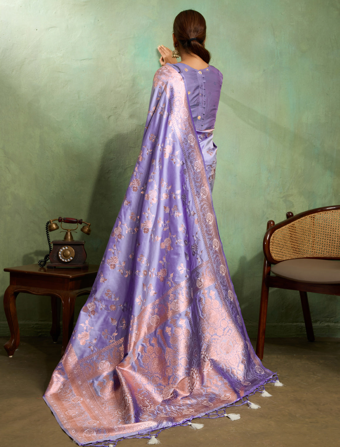 Ethnic Lavender Banarasi Party Wear Silk Meenakari Saree