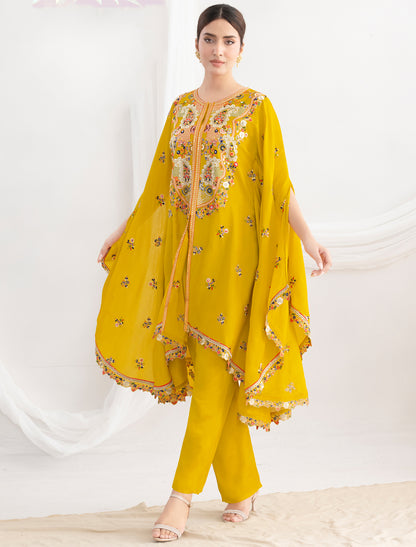 Yellow Casual Premium Chinon Fabric Floral Embroidered Kurta Sets