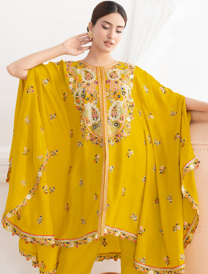 Yellow Casual Premium Chinon Fabric Floral Embroidered Kurta Sets