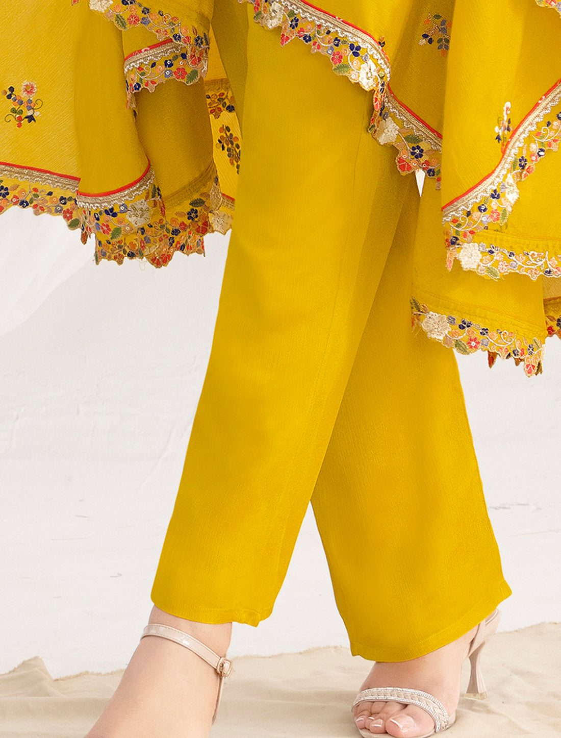 Yellow Casual Premium Chinon Fabric Floral Embroidered Kurta Sets