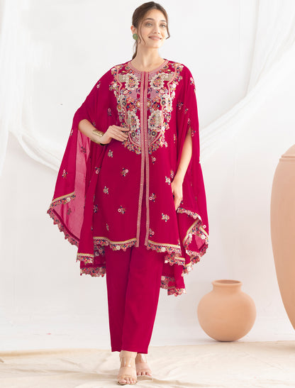 Casual Red Premium Chinon Fabric Floral Embroidered Kurta Sets