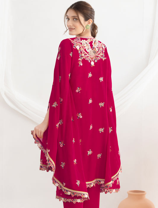 Casual Red Premium Chinon Fabric Floral Embroidered Kurta Sets