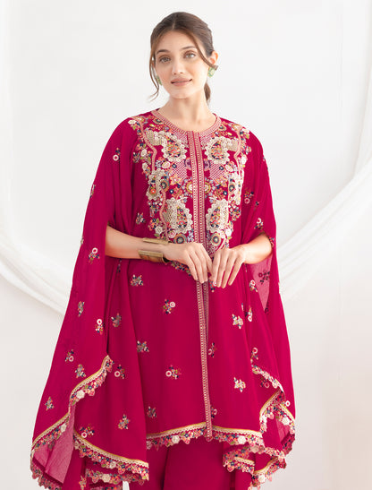 Casual Red Premium Chinon Fabric Floral Embroidered Kurta Sets