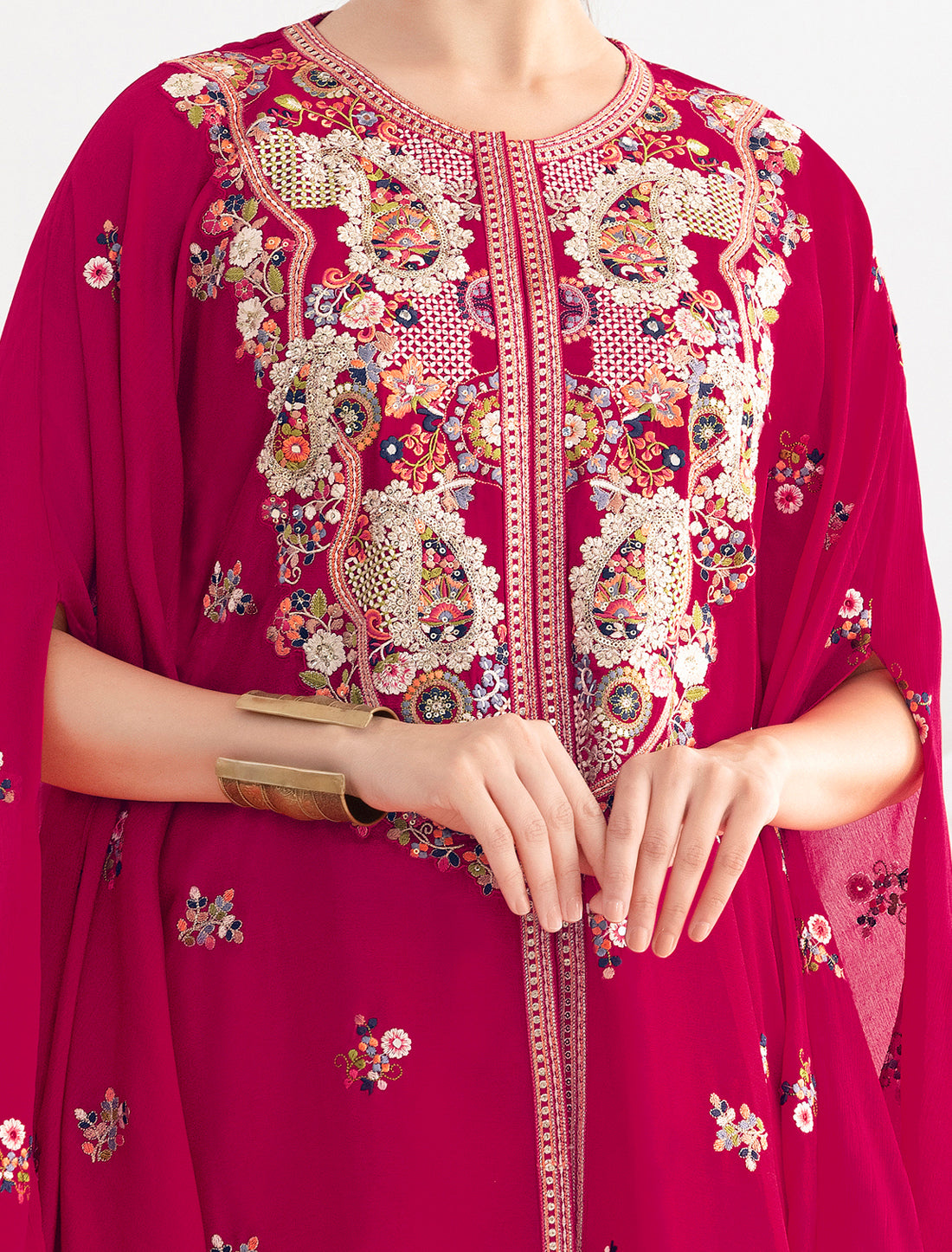 Casual Red Premium Chinon Fabric Floral Embroidered Kurta Sets