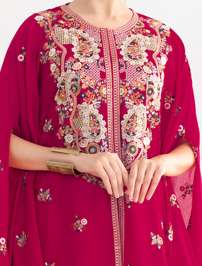 Casual Red Premium Chinon Fabric Floral Embroidered Kurta Sets