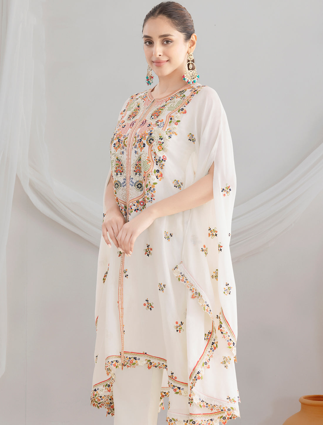 White Casual Premium Chinon Fabric Floral Embroidered Kurta Sets
